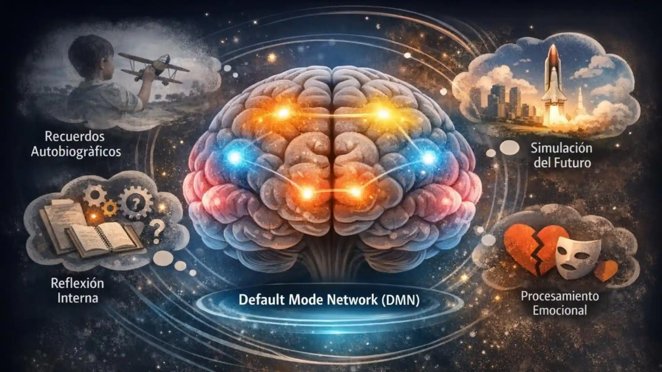 Ilustración conceptual de un cerebro humano en el espacio, mostrando las cuatro funciones principales de la Red Neuronal por Defecto (DMN): recuerdos, simulación del futuro, reflexión y procesamiento emocional.